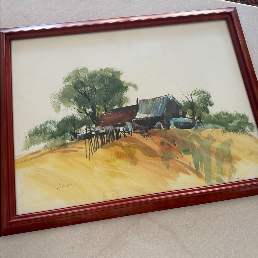 Rustic original watercolor signed Landscape painting Framed Art in Red and Green